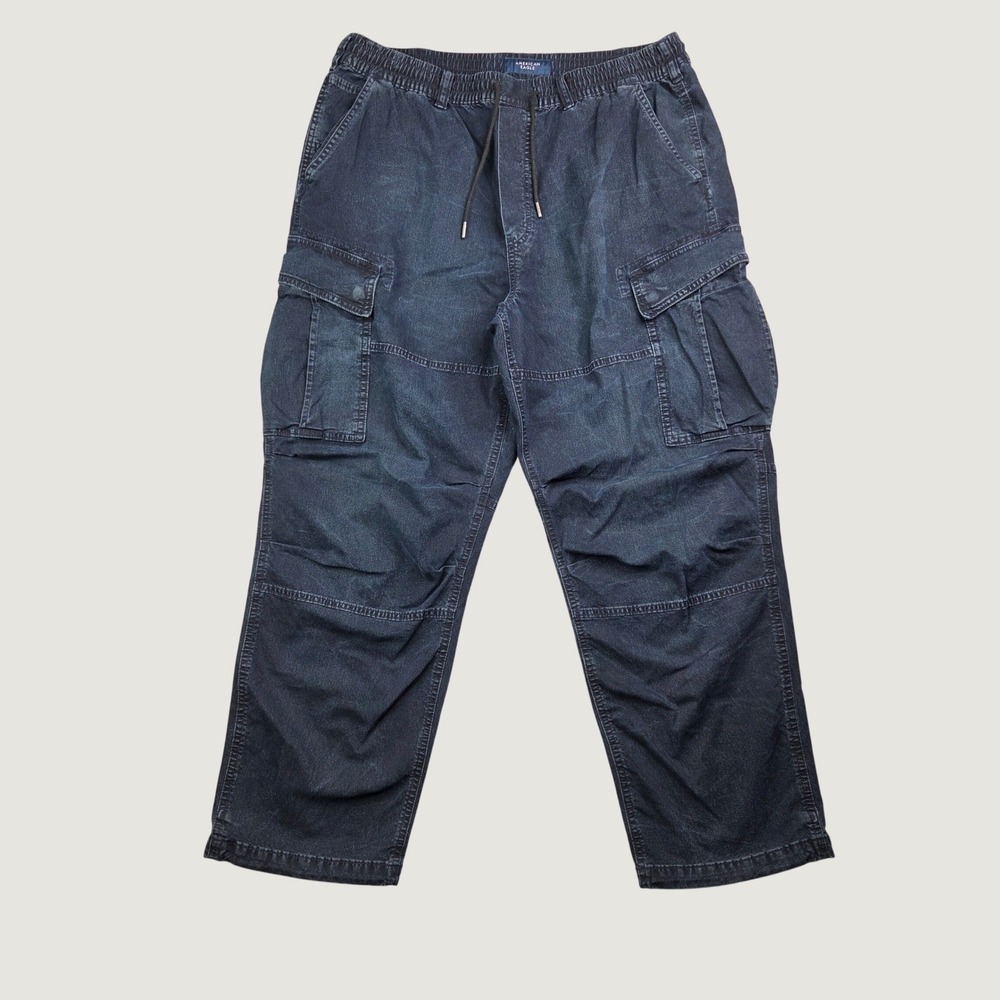 American Eagle Flex Cargo Pants Men's L Dark Blue Drawstring Utility Toggle Hem